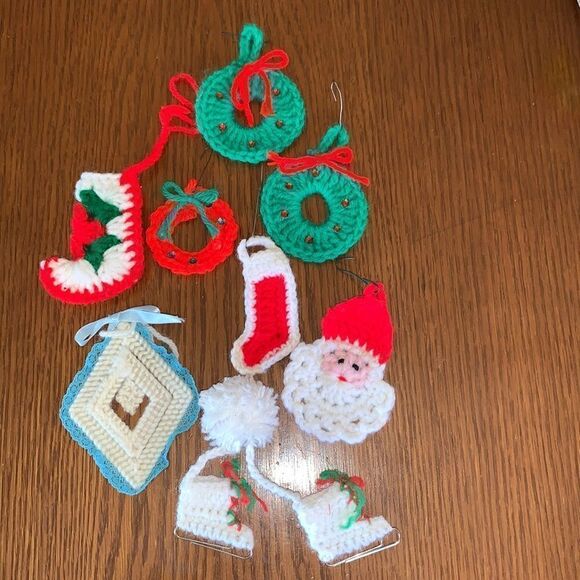 Collection of kitschy handmade yarn Christmas tree ornaments - Picture 1 of 12
